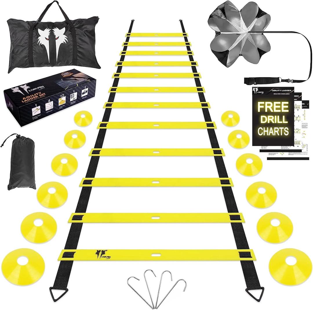 20ft Sports Agility Ladder for Men Women and Kids, Speed Youth Soccer Agility Training Equipment for Football, Exercise, Tennis, Legs Workout with Speed Parachute and Carry Bag (Yellow - 12 Cones)