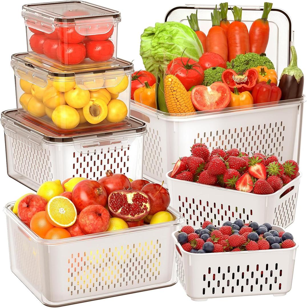 5 PCS Large Fruit Storage Containers for Fridge with Removable Colanders, Airtight Food Storage Containers with 5 Lids, 4 in 1 Produce Containers Keep Berry Fruits Vegetable Food Meat Fresh Longer 5 PCS Large Fruit Storage Containers for Fridge with Removable Colanders, Airtight Food Storage Containers with 5 Lids, 4 in 1 Produce Containers Keep Berry Fruits Vegetable Food Meat Fresh Longer