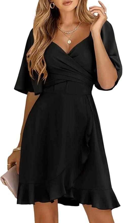 Dokotoo Women's Wrap V Neck Short Flared Sleeve Wedding Guest Dress Smocked Elastic Waist Tiered Belted Ruffle Hem Mini Dress, Large