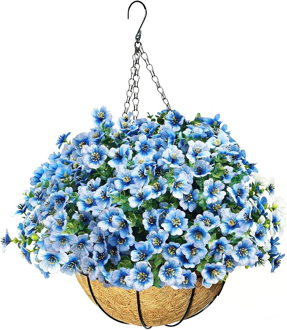Artificial Hanging Flowers for Outdoors with Basket,UV Resistant Realistic Faux Hanging Plants Outdoor Artificial Flowers for Outdoors Basket for Yard Porch Patio,12 Bundles(Blue White)
