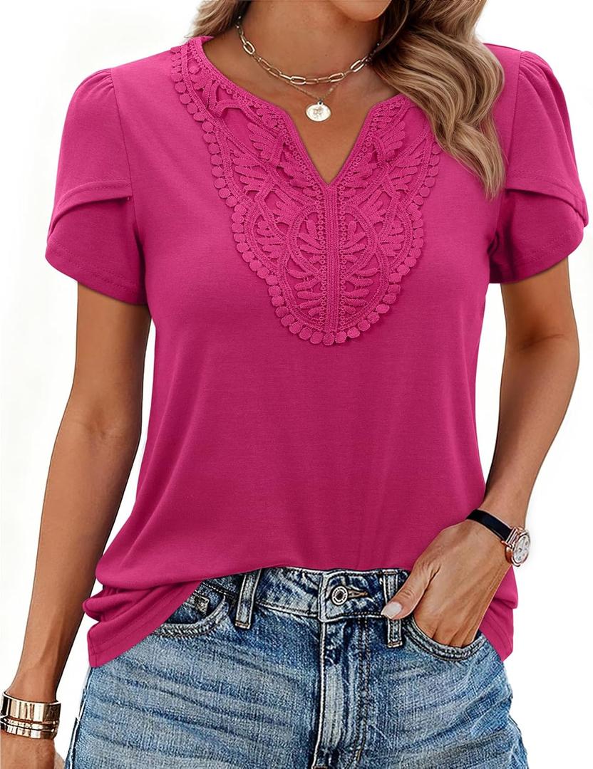 siliteelon Women Dressy Casual Blouses Short Sleeve Shirts V Neck Trendy Spring Clothes Vacation Boho Tops (Pink, S)