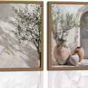 Mediterranean Wall Art Set of 2 with Wooden Frame Olive Tree and Pottery Prints, Neutral Botanical Mediterranean Painting, Framed Picture Wall Decor 16x24 Inch