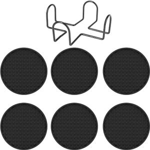 6Pcs Coasters for Drinks with Holder, 7 Solid Colors Anti-scald Sturdy Lightweight Drink Coasters, 4 Inches Round Silicone Coffee Mat for Dinner,Table,Bowl Black