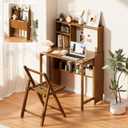 Folding Desk with Bookshelf, Compact Foldable Desk for Small Spaces, Brown Bamboo Computer Desk with Storage Shelf, Space-Saving Home Office Desk with Hutch for Bedroom, Dorm, Apartment, 31.1"W × 21.46"D × 47.92"H