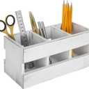 MyGift 3-Compartment Vintage White Solid Wood Desktop Office Supplies Caddy Pen Pencil Cup Holder Desk Organizer, Makeup Brush Art and Paint Brush Holder