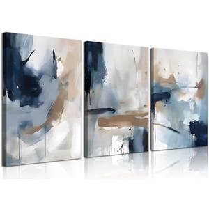 3Pcs Framed Navy Blue Wall Art Abstract Modern Brown Watercolor Canvas Posters Prints Minimalist Neutral Wall Decor Pictures for Living Room Bedroom Home Decoration 12x16in