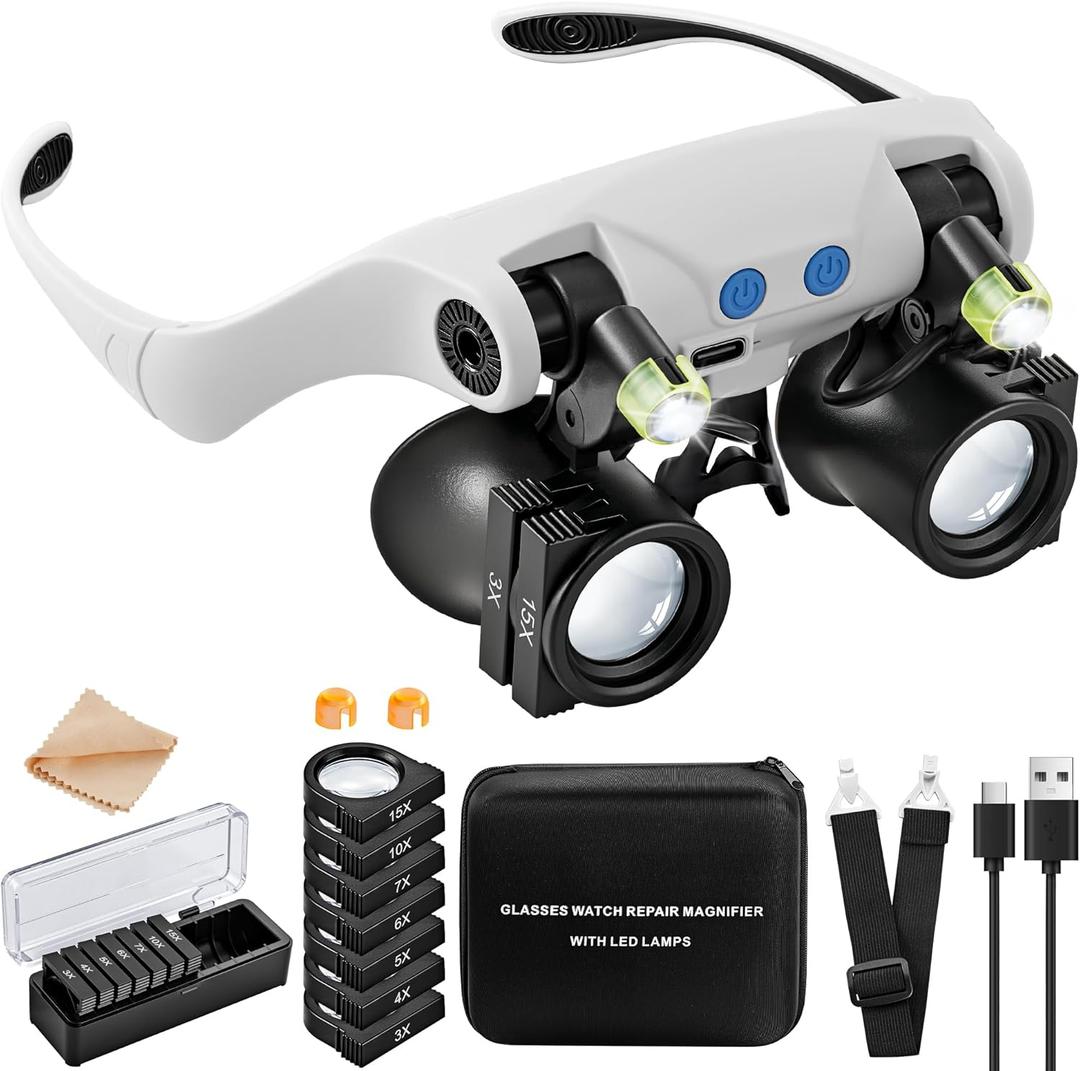 JARLINK Magnifying Glasses with LED Light, Hands Free Magnifier with 14 Interchangeable Lenses 3X 4X 5X 6X 7X 10X 15X, Magnifying Glasses for Close Work, Crafts, Jewelry, Sewing, Electronics Repair
