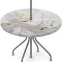 Fitted Round Tablecloth with Umbrella Hole and Zipper Marble Liquid Texture Outdoor Elastic Table Cloth 36"-44" Oil-Proof Waterproof White Gold Marble Patio Table Cover for Party Outdoor