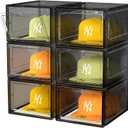 SCAVATA Hat Organizer Box, Stackable Clear Baseball Caps Holder Box Containers with Magnetic Door for Hats Snapback Cap Storag, Hat Rack Display Case, Holds 8 Hats Each (Black, 6 Pack)