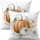 Fall Pillow Covers 18x18 Set of 2, White Linen Orange Pumpkin Decorative Throw Pillow Cases, Double-Sided Print, Autumn Harvest Cushion Covers for Couch Sofa Bed