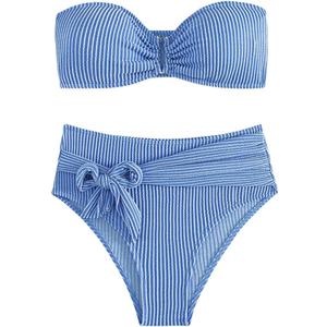 WDIRARA Women's 2 Piece Bikini Set Rib Knit Strapless Knot Front High Waist Swimsuit Set Solid Blue Large