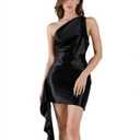 Zeflows Womens One Shoulder Ruched Ruffle Trim Satin Bodycon Dresses Sleeveless Backless Cocktail Homecoming Mini Dresses, Black-L (Black, L)