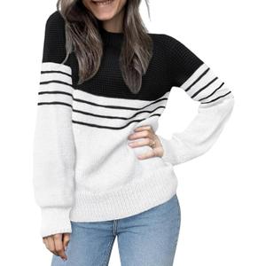 CiCiBird Womens Fall 2025 Color Block Sweater Striped Long Sleeve Knit Pullover Tops Loose Crew Neck Sweaters (Black, L)
