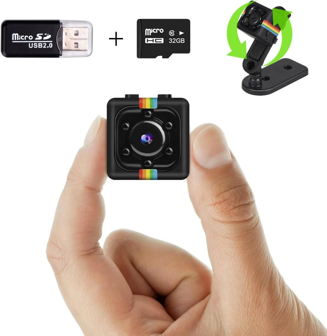 No WiFi Security Camera, 1080P Mini Spy Camera, Built-in 32GB TF Card,Photoshoot, 360 Rotating Bracket, Night Vision, Mini Cameras for Cycling, Travel Indoor Outdoor Security(Black)