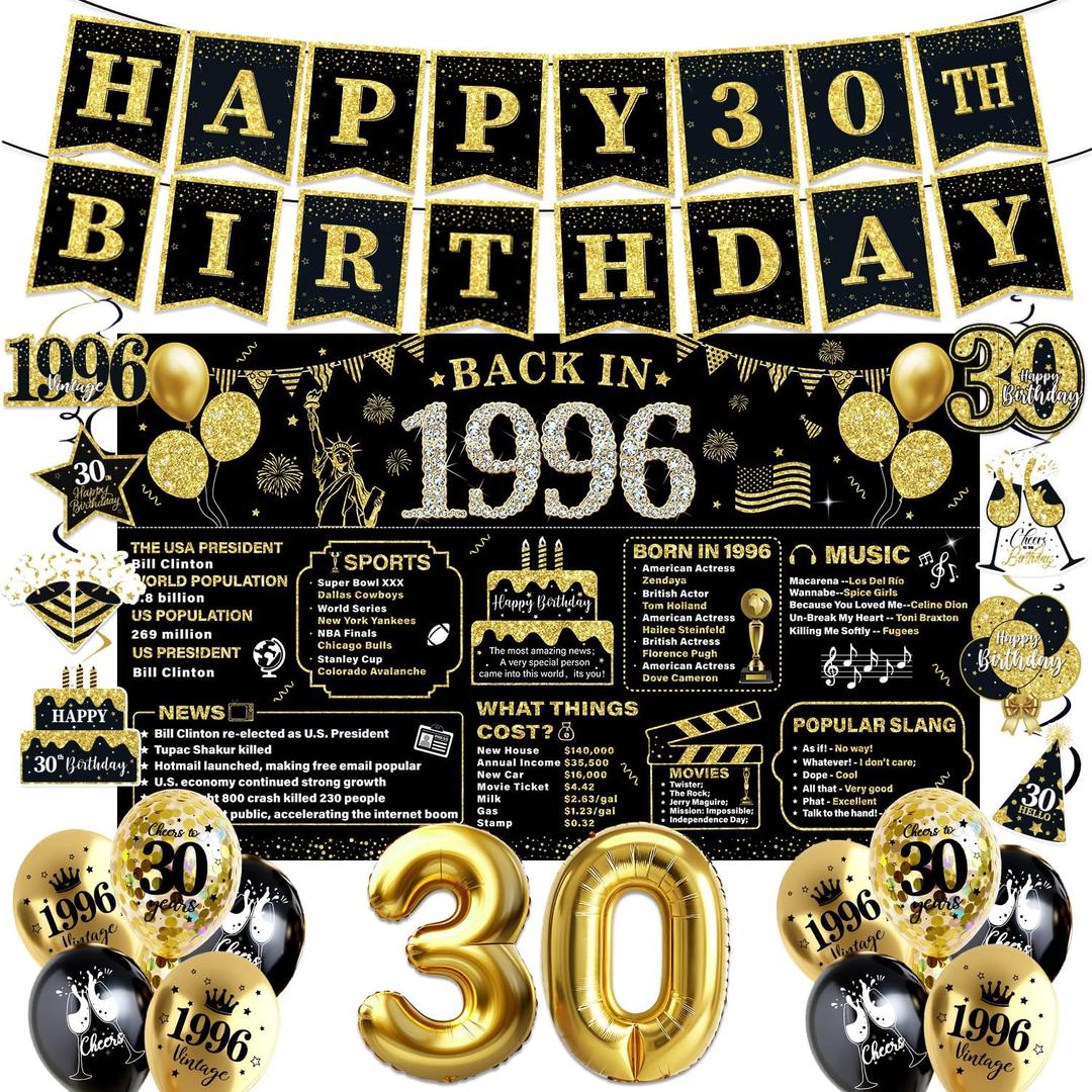 30th Birthday Decorations for Men Women Black Gold, 37PCS Pre-Strung Happy Birthday Banner with Backdrop, Balloons, Centerpieces & Hanging Swirls, 30 Year Old Birthday Party Supplies Decorations