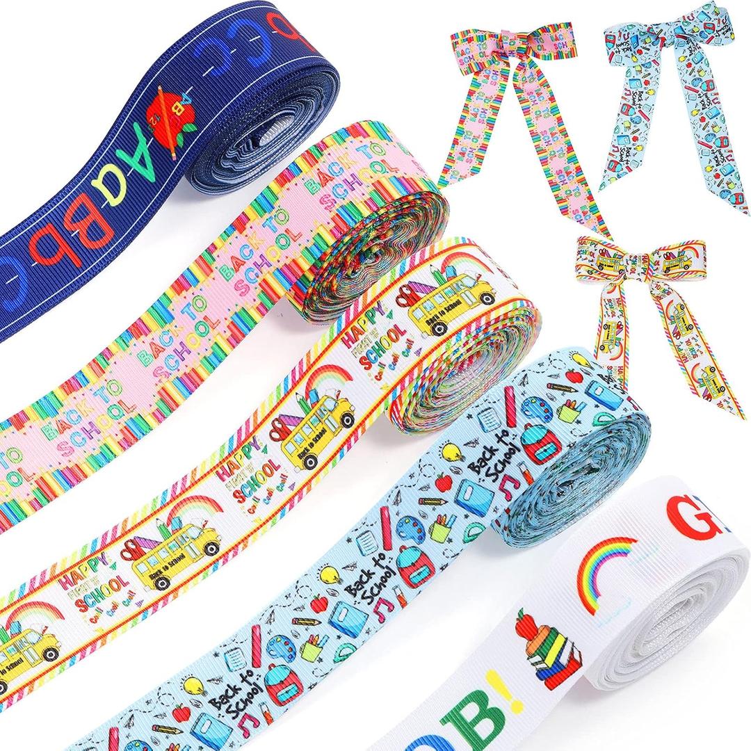 MTLEE 5 Rolls 25 Yards School Grosgrain Ribbons 2.5" Back to School Bus Pencil ABC Pattern Ribbons for Crafts Teacher Appreciation Gifts Wrapping Hair Bows Wreath Decoration(Stylish Style)