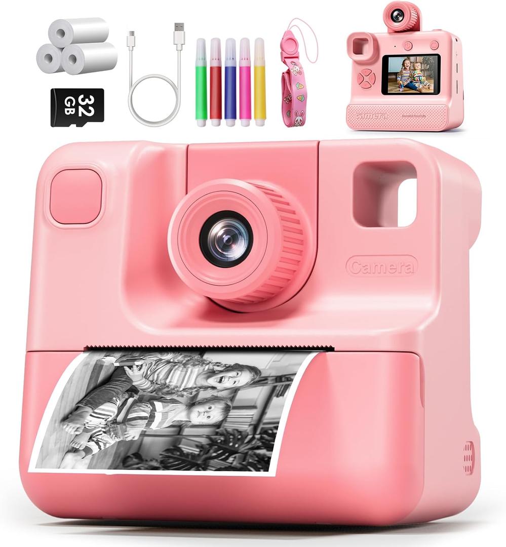 Instant Print Camera for Kids, 1080P Kids Instant Cameras,HD Selfie Digital Video Cameras Toddler 3 Rolls Print Paper & 32G Card,Christams Birthday Gifts for Girls Boys Age 5 6 7 8 9 10 (Light Pink)