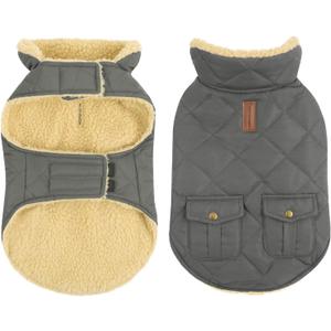 Queenmore Dog Winter Coat - Fleece Jacket, Waterproof Cold Weather Clothes, Thick Warm Cotton Padding, Easy On Storage Pockets (Grey, Large)