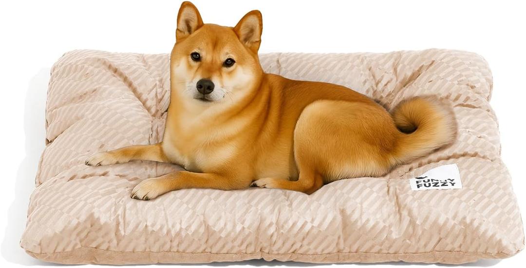 FUNNY FUZZY 2 in 1 Dog Crate Bed Pad for Large Sized Dog, Washable Reversible Pet Soft Mats,Durable Fluffy Kennel Mattress,Indoor Cats, 35"  23", Beige