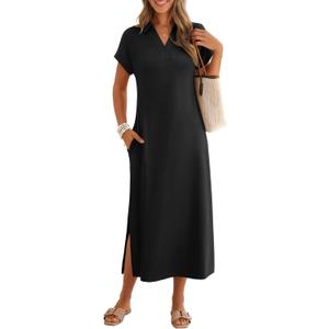 MEROKEETY Women's Summer Casual Maxi Dress 2026 Cap Sleeve V Neck Collared Beach Vacation T Shirt Long Dresses (Black, L)