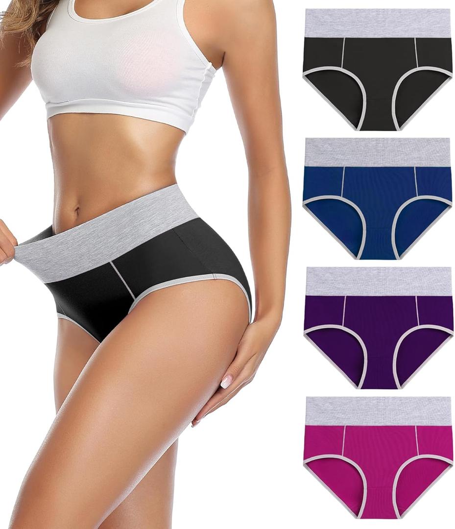 wirarpa Women's Cotton Underwear High Waist Breathable Briefs Soft Underpants Ladies Stretch Panties 4 Pack, (Large)