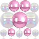 Biapian 12Pcs Pink and Iridescent Round Balloons Foil, 22" 18" 15" 10" 4D Round Shaped Ball Balloon, Large Pink Bubble Balloons for Wedding Prom Bridal Baby Shower Birthday Party Decorations Backdrop