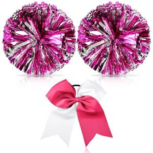 Hanaive 12 Inch Cheerleading Pom Poms and Large Cheerleader Hair Bow Large Metallic Cheer Cheerleader Pom Poms for Sports Team Spirit Cheering(Rose Red and Silver Mixed,Glitter)