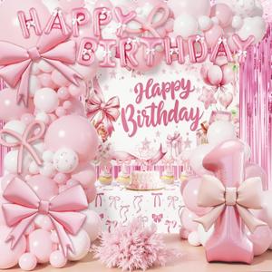 121Pcs Girls Just Wanna Be One Birthday Decorations Coquette Pink Bow 1st Theme Party Supplies 2 Tinsel Polyester Backdrop Balloon Arch Kit Cake Toppers Tablecloth