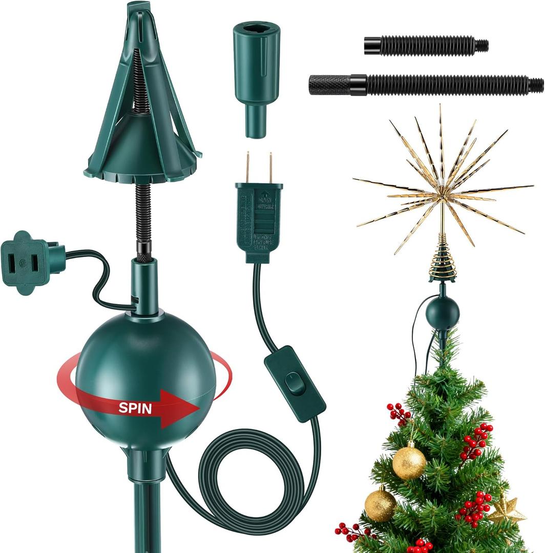 Meonum Upgraded Electric Rotating Christmas Tree Topper Holder, Universal Tree Topper Stabilizer Fits All Base Types, Green Support Rod to stabilize Seasonal Treetop Ornaments(Universal Type)