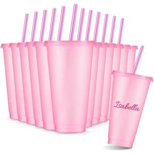 Amyhill 7 Pcs Reusable Glitter Cups with Lids and Straws 24 oz Plastic Tumbler Iced Coffee Cup Travel Mug for Smoothie Juice Sleepover Wedding Graduation Party Supplies Girl(Light Pink)