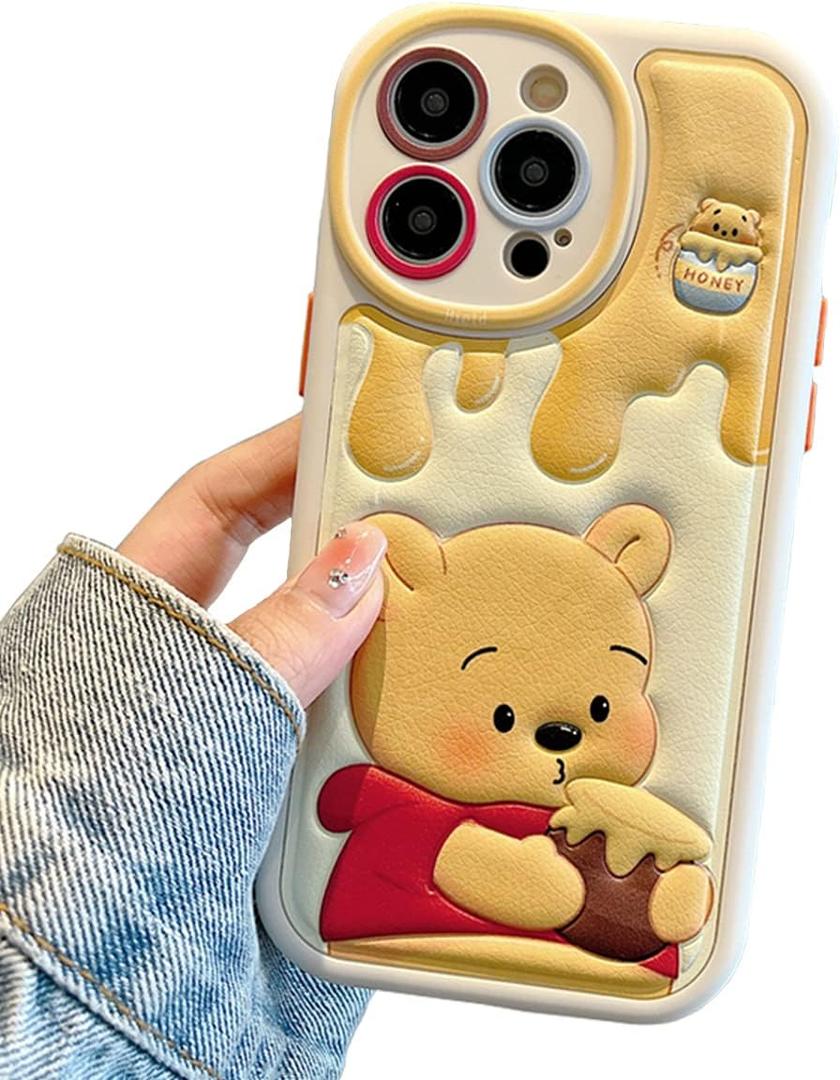 Compatible for iPhone 15 Pro Max Cartoon Case, Kawaii Cute Bear Case Silicone 3D Cover Strap Soft TPU Shockproof Protective for Kids Girls and Womens (Honey Bear)