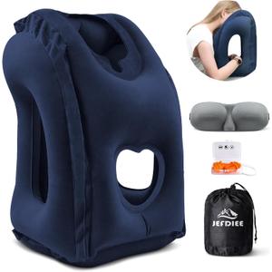JefDiee Inflatable Travel Pillow, Airplane Neck Pillow Comfortably Supports Head and Chin for Airplanes, Trains, Cars and Office Napping with 3D Eye Mask, Earplugs and Portable Drawstring Bag (Blue) (Medium)