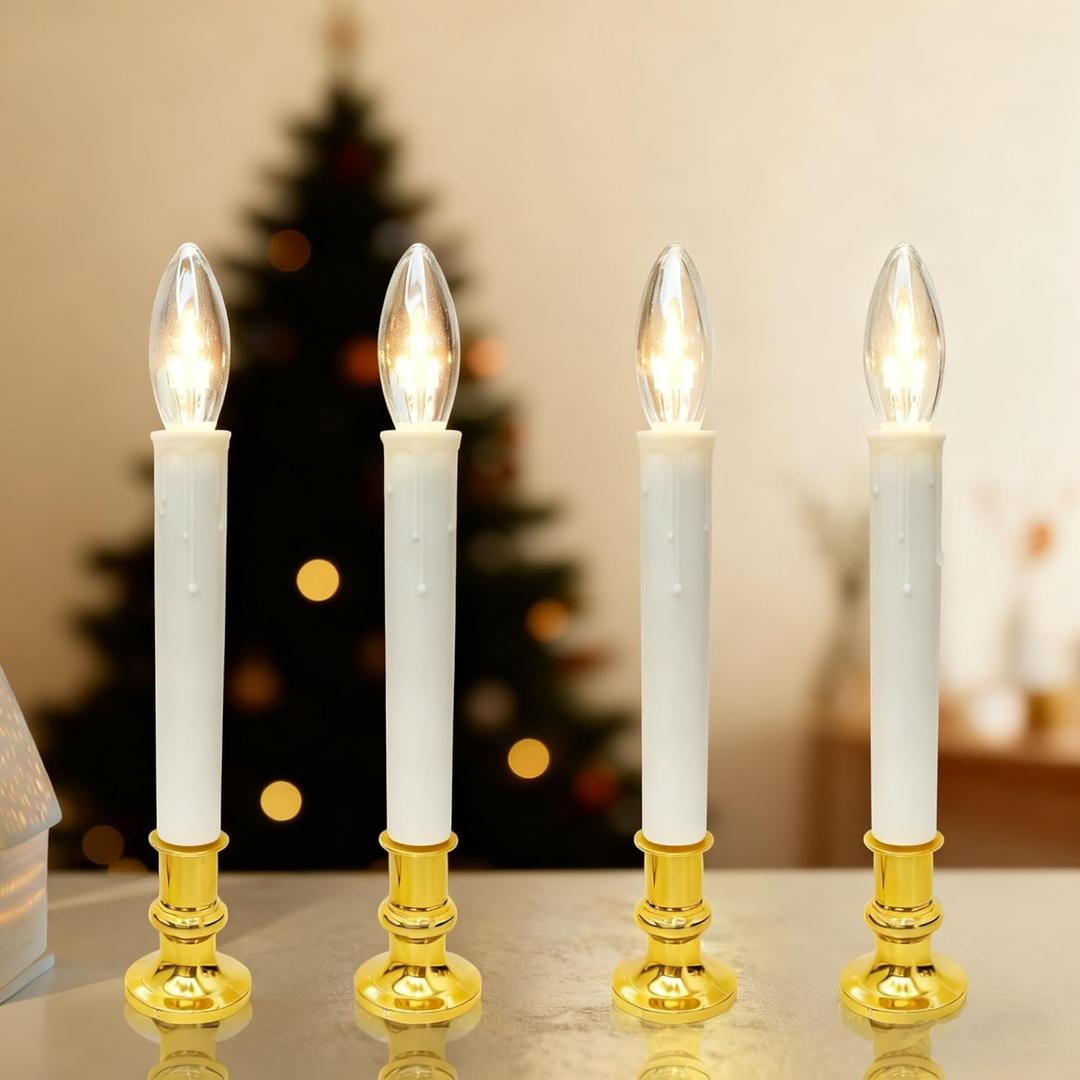 4 Pack Christmas Electric Candles, Dusk to Dawn Candle Lamps with Gold Base, Christmas Window Candles with On/Off for Home Table Weddings Holiday Decor