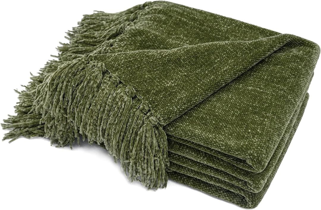 RECYCO Throw Blanket Soft Cozy Chenille Throw Blanket with Fringe Tassel for Couch Sofa Chair Bed Living Room Gift (Loden Green, 50'' x 60'')