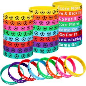 Civaner 48 Pcs Soccer Silicone Bracelets Soccer Motivational Wristband Multicolored Stretch Rubber Bracelets Soccer Party Favors for Sports Events Birthday Party Supplies