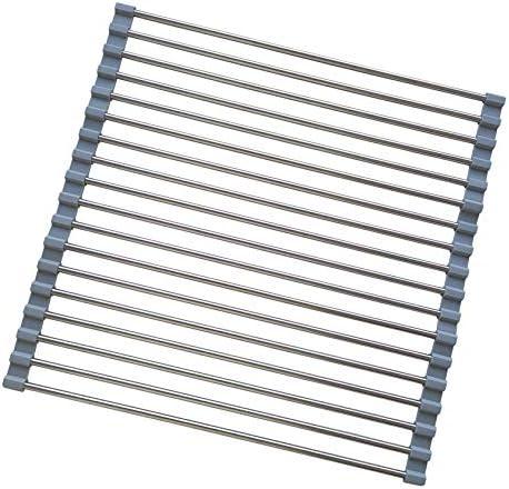 D DrNeeko Roll Up Dish Drying Rack, Stainless Steel and Silicone Dish Drying Mat Over The Sink Foldable Drain Rack Multipurpose Dish Drainer for Kitchen, 14.5” x 14”, Gray