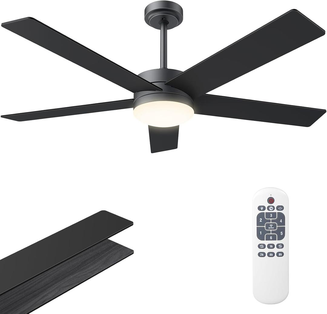 52" Ceiling Fans with Lights, Ceiling Fan Black with Light & Remote Control 52 Inch Ceiling Fan Flush Mount with LED DC Reversible Motor Noiseless for Outdoor/Indoor Bedroom