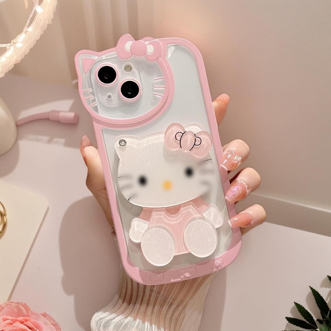 for iPhone Air Cute Cartoon Cat Case,Women Girls Kids 3D Bow Kawaii Cat Face Makeup Mirror Soft TPU Clear Protective Phone Cover for iPhone Air 6.5inch Pink