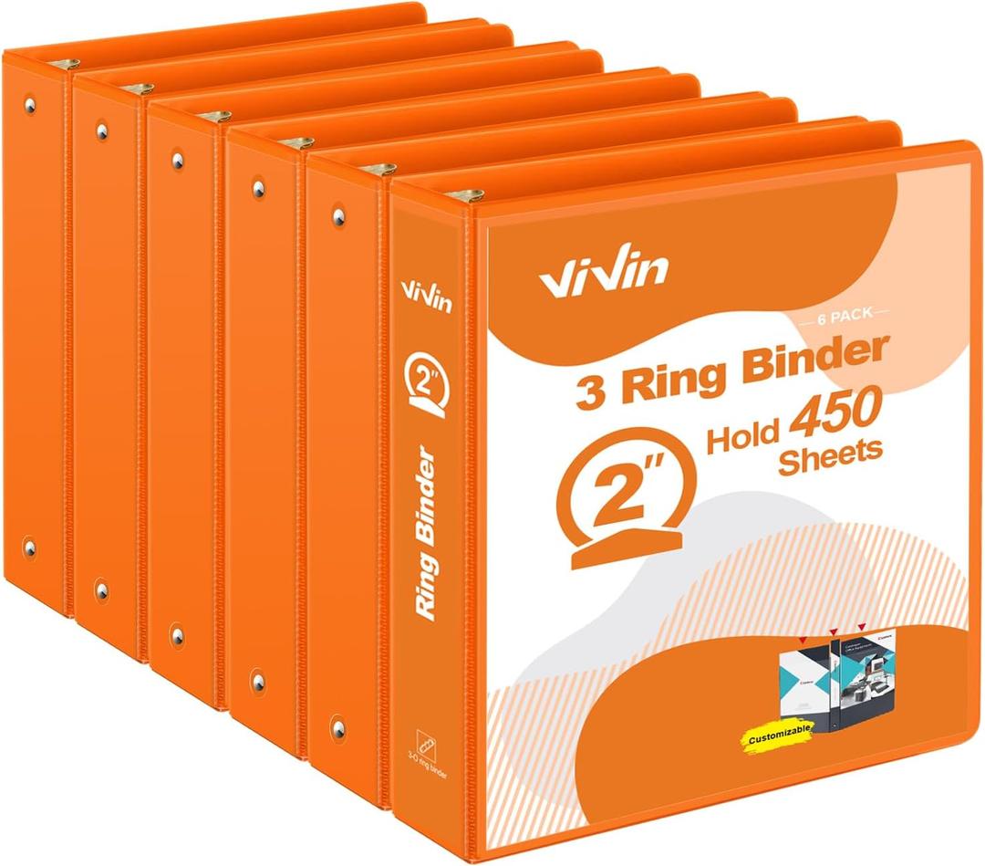 4 x ViVin 2 Inch Round Ring View Binder for Durability, Standard 3 Ring Binder for 450 Sheets of US Letter Size Paper, PVC-Free, 6-Pack (Orange)