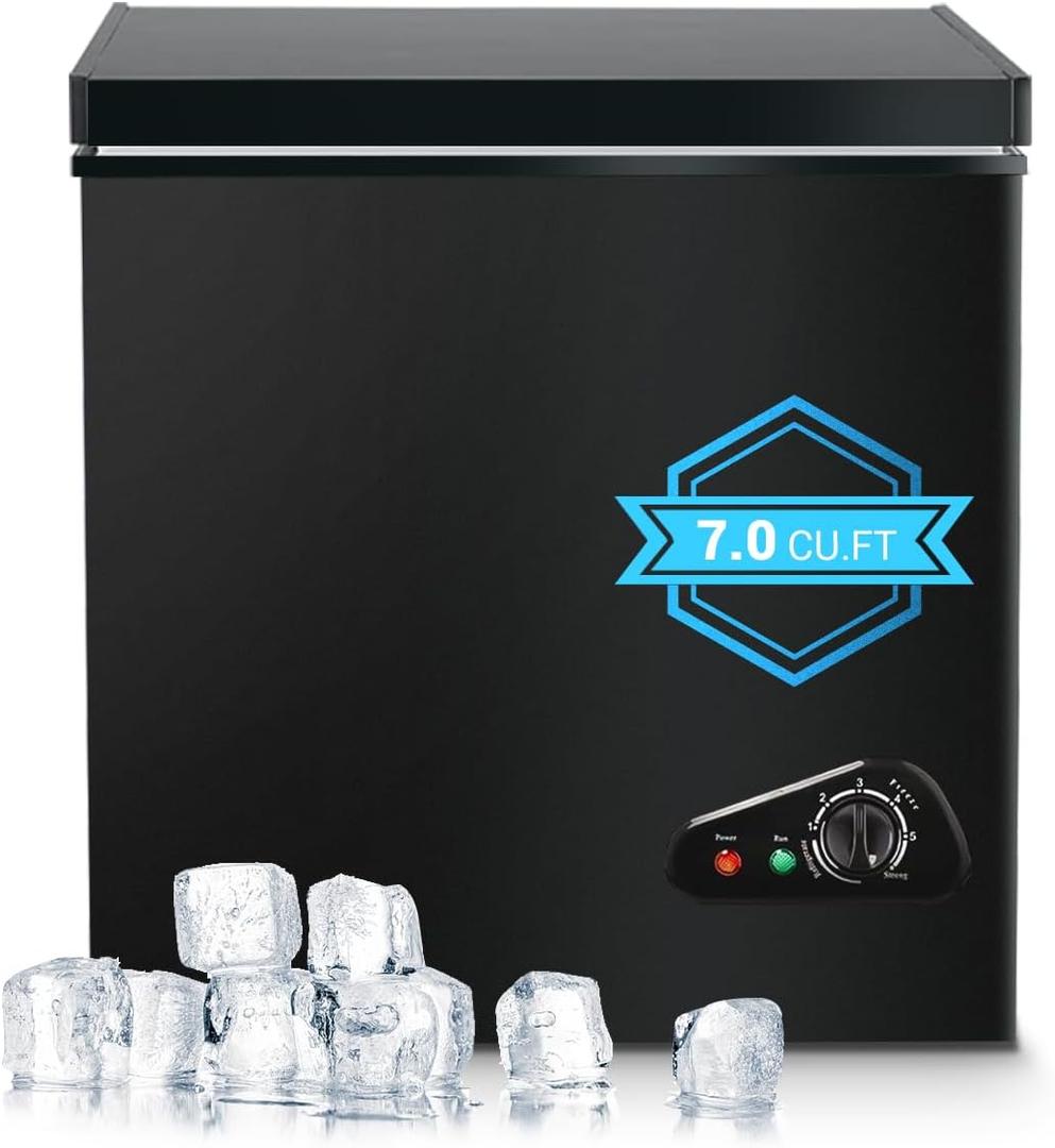 Chest Freezer 7.0 Cu.Ft Compact Chest Freezers with 7 Adjustable Thermostat Top Open Door Freezer Compressor Cooling with Removable Storage Basket for Home Bar Dorm (BLACK)