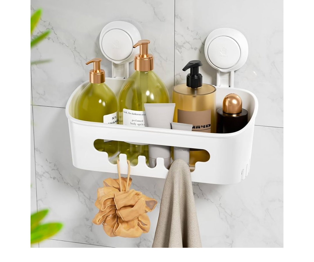 LEVERLOC Shower Caddy Suction Cup, Shower Organizer Removable Bathroom Shelf, Storage Suction Powerful Max Hold 22lbs Bathroom Caddy Waterproof Holder, White