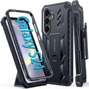 FNTCASE for Samsung Galaxy S24 Case: Military Shockproof Protective Phone Cover with Belt-Clip Holster & Kickstand, Full-Body Drop Proof Protection Heavy Duty Durable Rugged Cases for S24 5G Black
