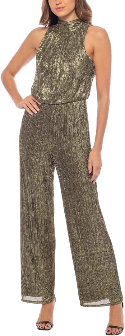 Marina Mock Neck Sleeveless Metallic Pleated Jumpsuit
