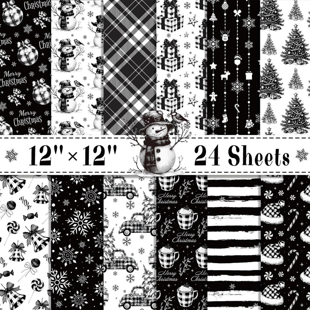 24 Sheets Christmas Scrapbook Paper 12''  12'' Double-Sided Xmas Black Plaid Pattern Paper Decorative Art Cardstock for Holiday DIY Crafts Card Making Scrapbook Supplies