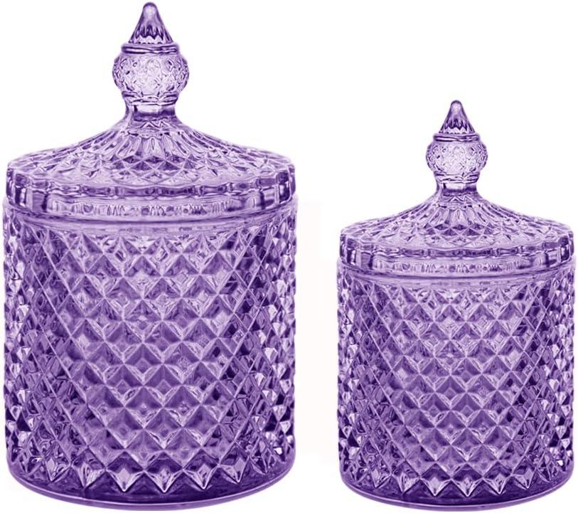 R FLORY 2 Pack Qtip Holder Glass Apothecary Jars with Lids Bathroom Storage Organizer for Cotton Swabs, Balls, Pads, Floss Picks, Vanity Storage Containers for Makeup, Candy, Jewelry (10+24oz, Purple and White)