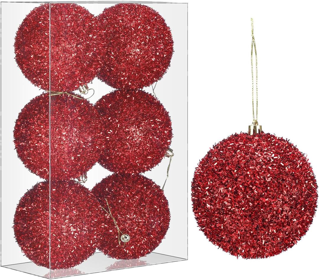 6 Pcs 4 Inch Christmas Tree Tinsel Ornaments for Tree Glitter Sequin Hanging Ornaments Christmas Tinsel Balls Decorations Shatterproof for Xmas Party Holiday Decor(Red)