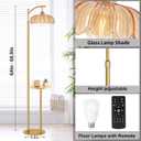 QIYIZM Gold Floor Lamp with Table and Shelves for Living Room Bedroom,Glass Standing Lamp with Remote Dimmable,Boho Brass Tall Lamp Vintage Farmhouse Arc Flower Floor Light Bohemian