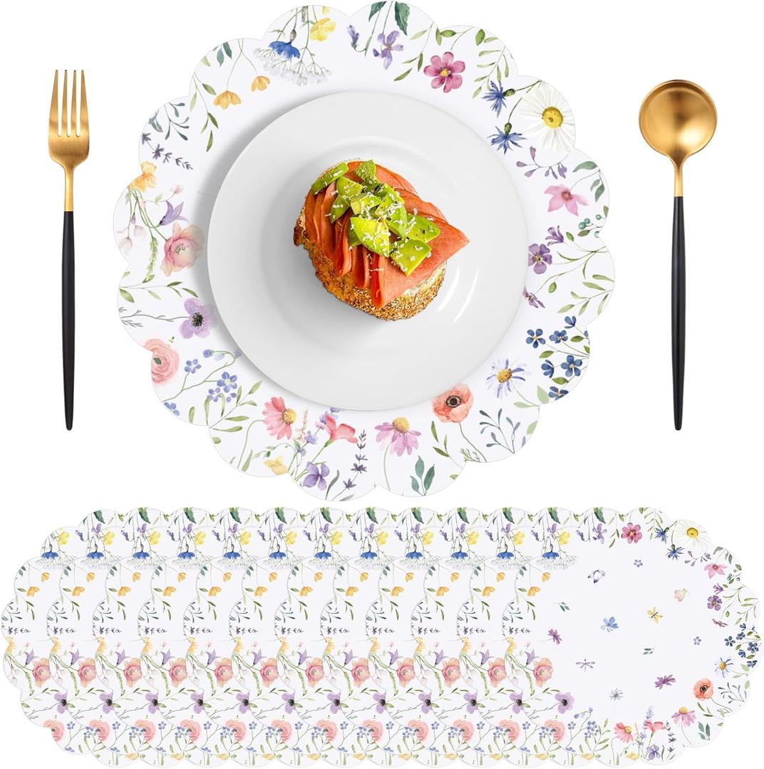 60Pcs Spring Flower Paper Placemats, 13.5 Inch Disposable Floral Placemat Round Wildflower Butterfly Place Mats Scalloped Table Mat for Mother's Day Wedding Banquet Baby Shower Bridal Shower Tea Party