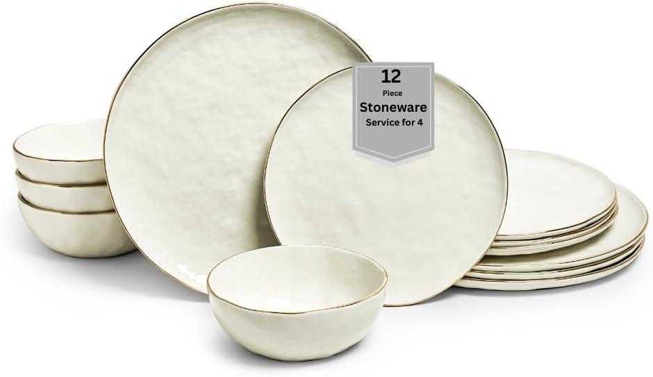 Sango 12-Piece Luxury Stoneware Dinnerware Set for 4, Glossy White Plates and Bowls Sets with Gold Rims, Ceramic Dish Set, Elegant Dishes for Everyday Dining, Microwave & Dishwasher Safe, Gansevoort