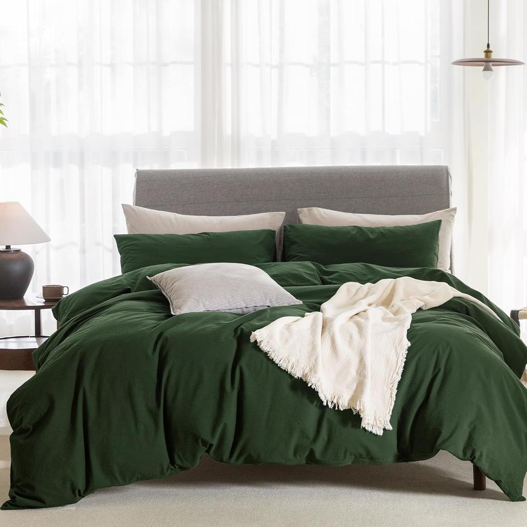 Cooling Duvet Cover Set 3 Pieces-100% Washed Cotton Linen Like Textured Ultra Soft Cozy Bedding with Zipper Closure,Includes 1 Duvet Cover & 2 Pillow Shams(Forest Green,Oversized King 120"x98")